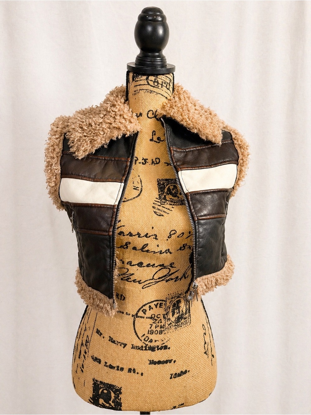 Faux Shearling Trim Brown Leatherette Vest - Women